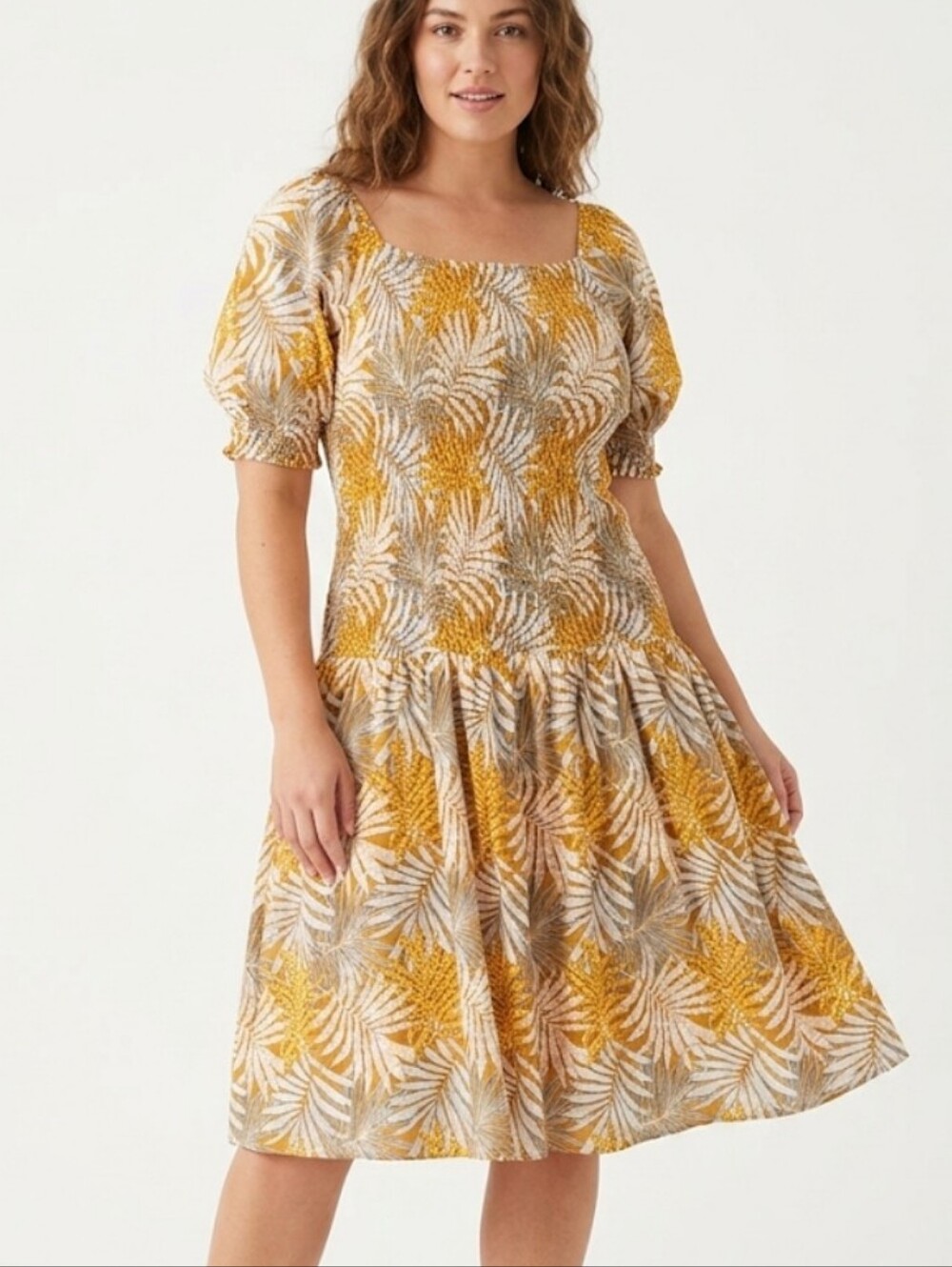 Midnight Velvet Midi Dress Size 1XL Mustard Yellow Muti Palm Tree Linen Blend